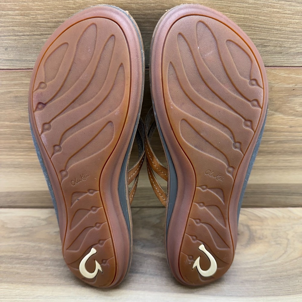 Olukai Kapehe Luana Flip Flops Womens 11 Cognac Leather Thong Sandals - Picture 9 of 10